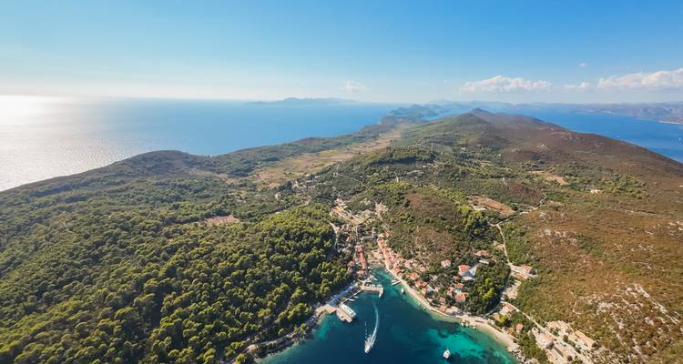 Vue aérienne élevée d'une côte d'île croate accidentée avec une forêt dense et un petit village portuaire.