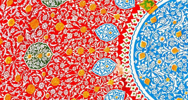 Colorful and intricate painted ceiling decoration.