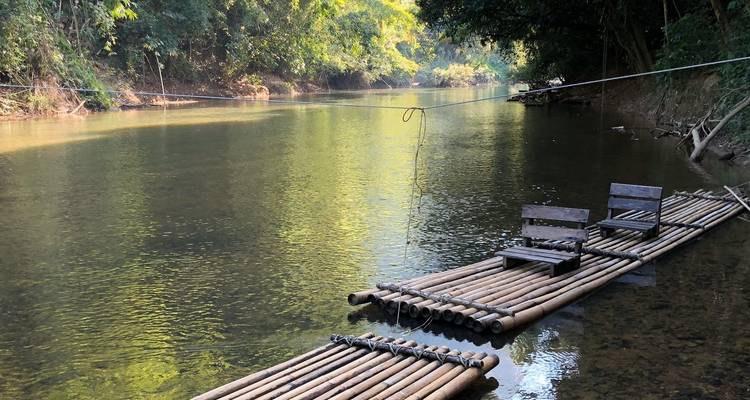 Bambusflöße treiben auf einem ruhigen Fluss, umgeben von Grün.