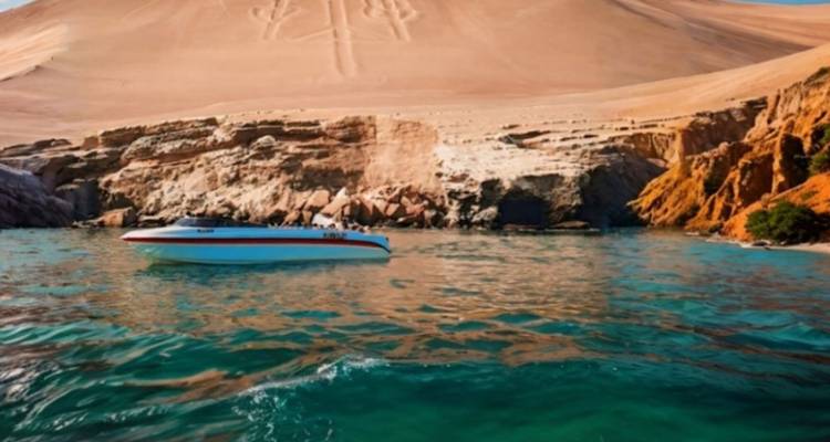 Dunas de arena con geoglifo y una lancha rápida en el agua