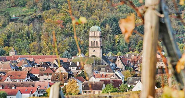Vue sur une ville avec un clocher d'église proéminent et un feuillage d'automne.