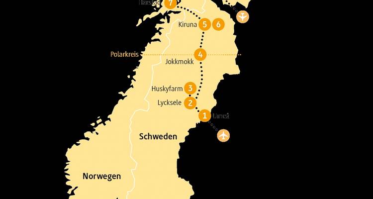 Mapa que muestra ubicaciones en Suecia y Noruega.