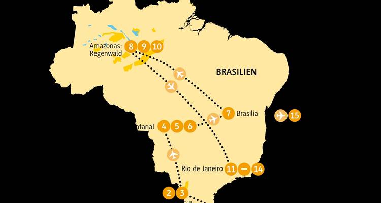 Mapa estilizado de Brasil destacando una ruta de itinerario con paradas numeradas.