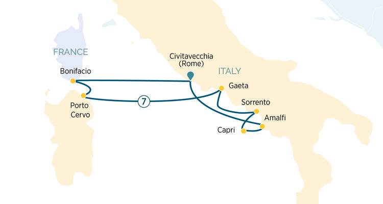 Simple itinerary map showing cruise route between ports in Italy and France.