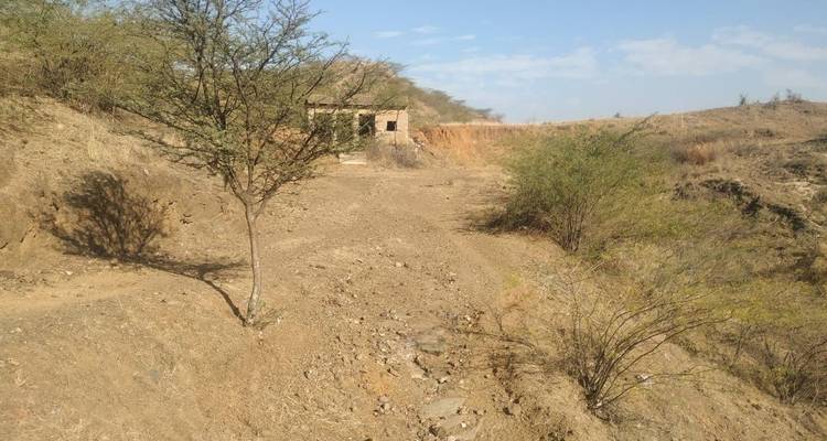 Unbefestigter Weg mit spärlicher Vegetation und einem kleinen Bauwerk.