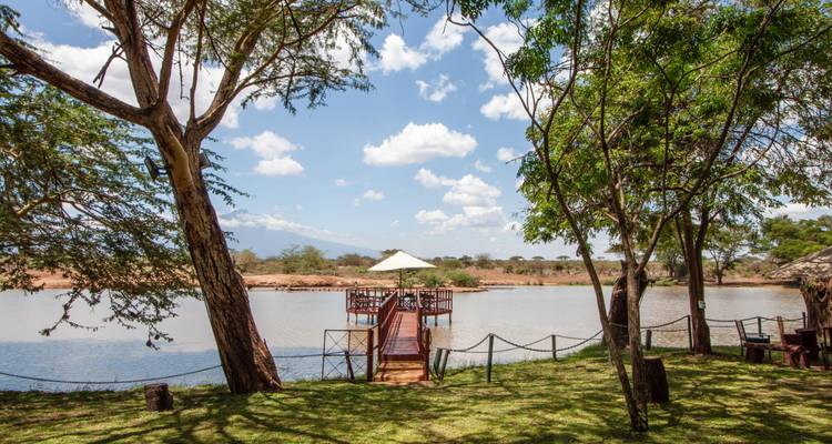 Houten steiger die uitkomt in een rivier met bomen aan beide zijden.