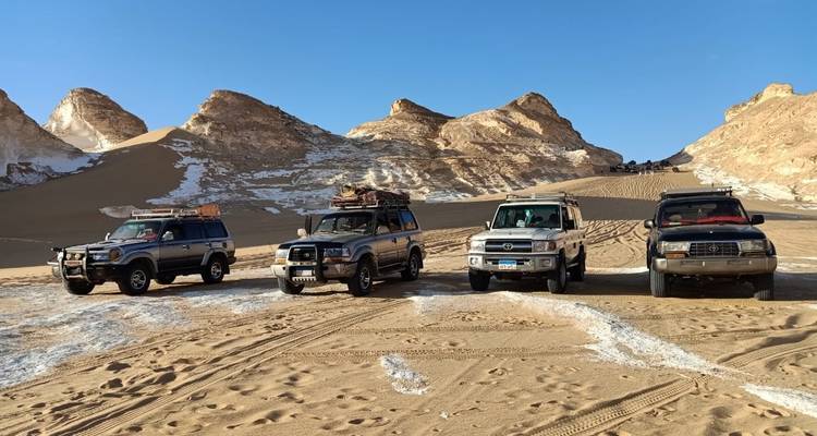 Vier Autos parkten in einer Wüste mit felsigem Hintergrund