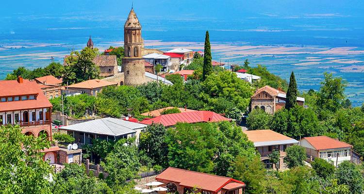Een stad met een historische toren en een achtergrond van bergen.