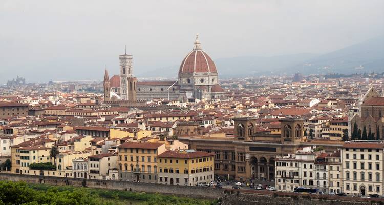 Panorama diurne de Florence mettant en évidence le Dôme aux toits rouges dominant un paysage urbain brumeux.