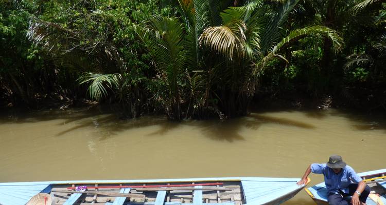 Hombre sentado en un barco en una vía fluvial tranquila rodeada de palmeras.