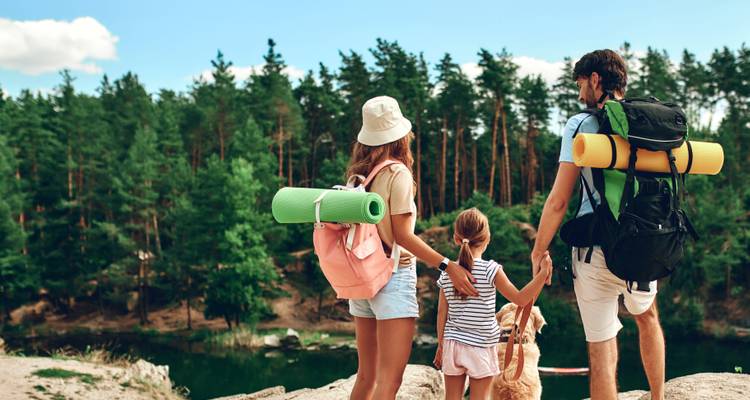 Family of hikers with backpacks holding hands while overlooking a forested lake from a rocky ledge.