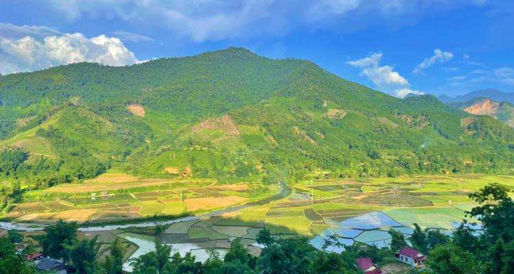 Schilderachtig uitzicht op rijstvelden en groene heuvels in een landelijk gebied.