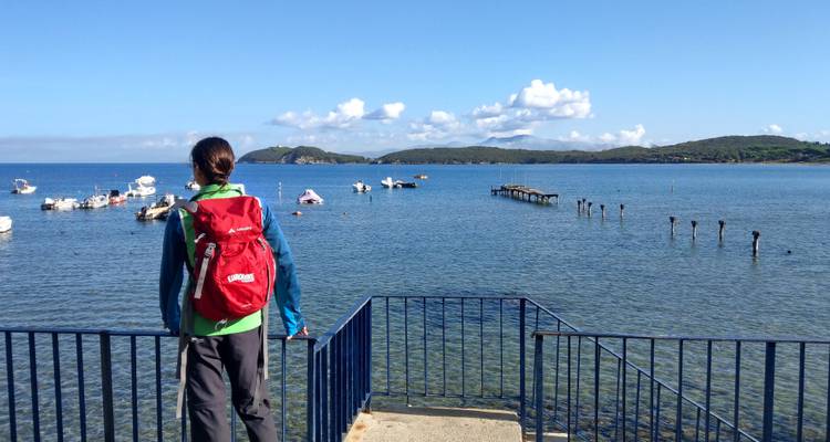 Person mit einem Rucksack, die Boote auf einem See betrachtet.