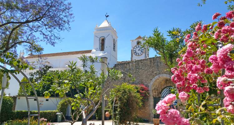 Église et clocher au milieu des fleurs de jardin.