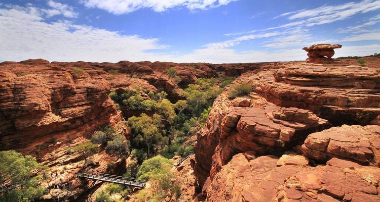 Paisaje escarpado de cañón con una mezcla de vegetación y rocas rojas.