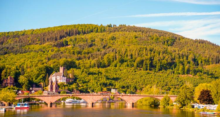 Pont sur une rivière avec château et colline boisée.