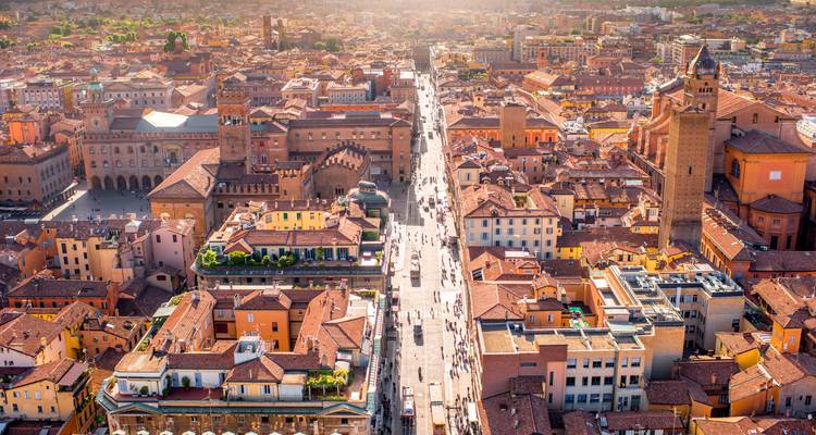 Luftaufnahme einer Stadt mit historischen Gebäuden und Türmen.