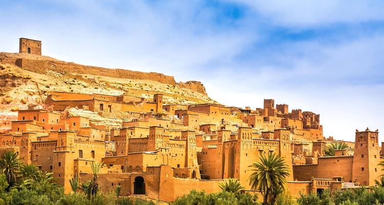 Ait Benhaddou kasbah with its clay architecture and desert backdrop.