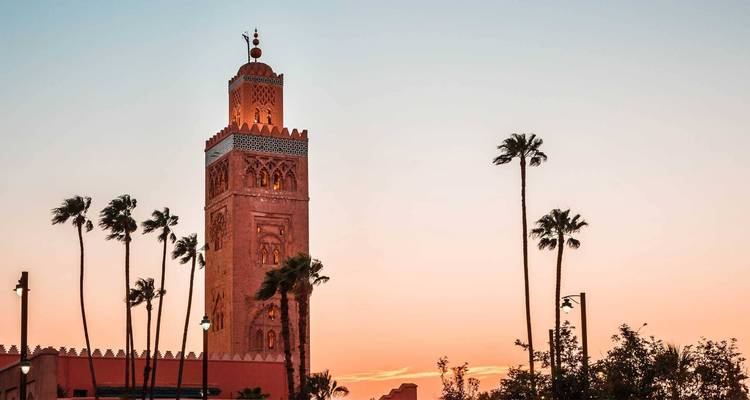 Tower surrounded by palm trees with a sunset in the background.