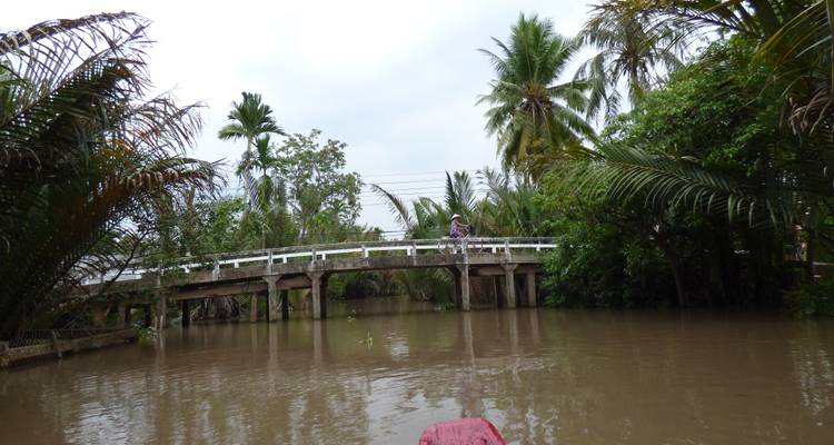 Eine Brücke über einen Fluss mit Bäumen und einer Person, die Fahrrad fährt.