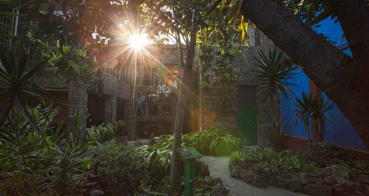La luz del sol se cuela en un exuberante patio de un museo de casa histórica mexicana