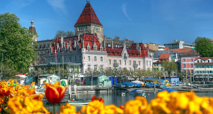Blick auf Lausanne mit Blumen und Seeufer.