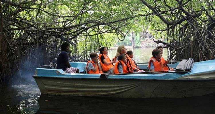 Mensen op een boottocht door een mangrovebos.