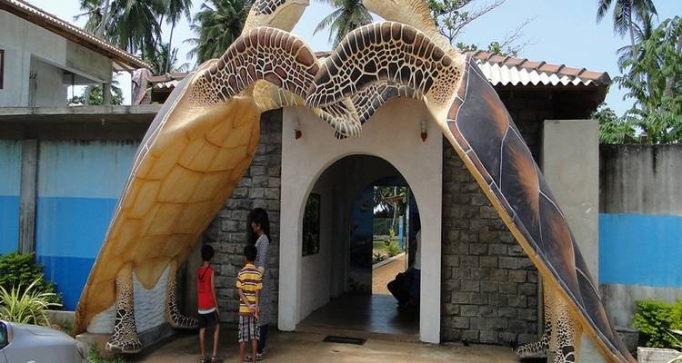 Ingang naar een toeristische attractie met een zeeschildpadbeeldhouwwerk.