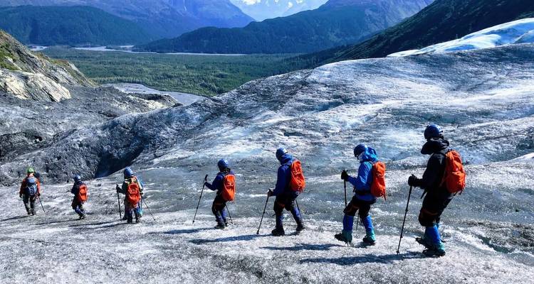 Hikers descending a glacier with trekking poles, surrounded by a stunning landscape.
