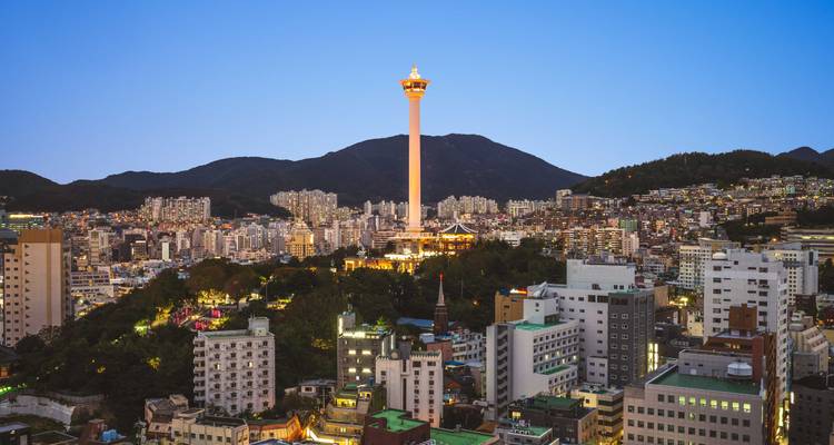Paisaje urbano a la hora azul con una torre esbelta que se alza sobre edificios densamente agrupados.