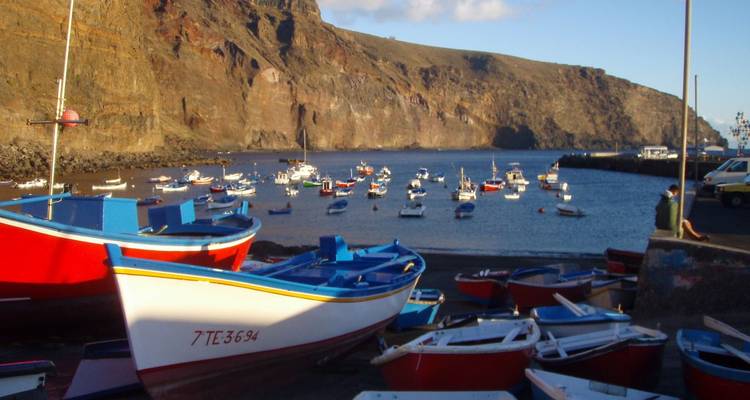 Coloridos barcos pesqueros atracados en un pequeño puerto.