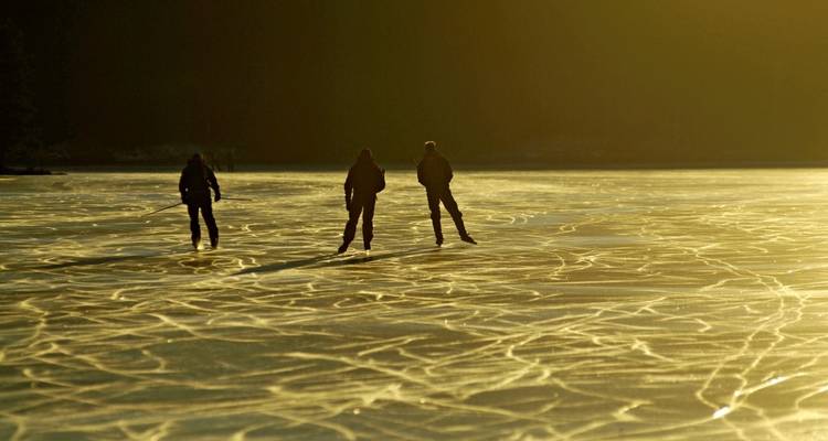 Three people skating on golden ice surface.