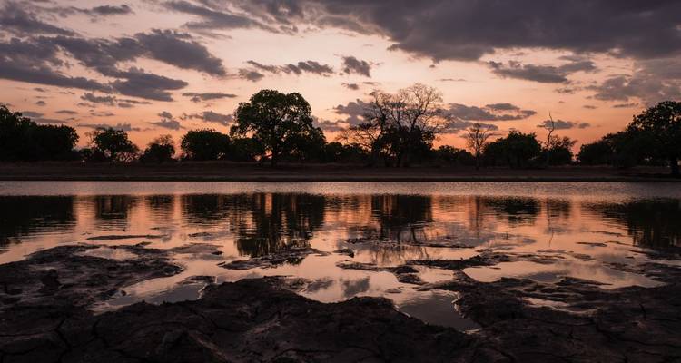 Reflejo del atardecer sobre un lago fangoso rodeado de árboles.