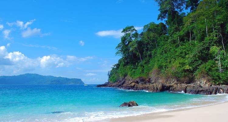 Unberührter Strand mit türkisfarbenem Wasser und üppigem Grün.