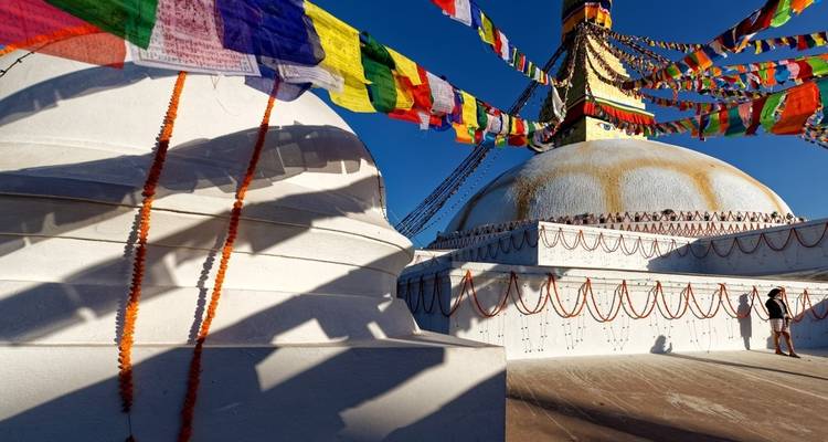 The Boudhanath Stupa with colorful prayer flags.