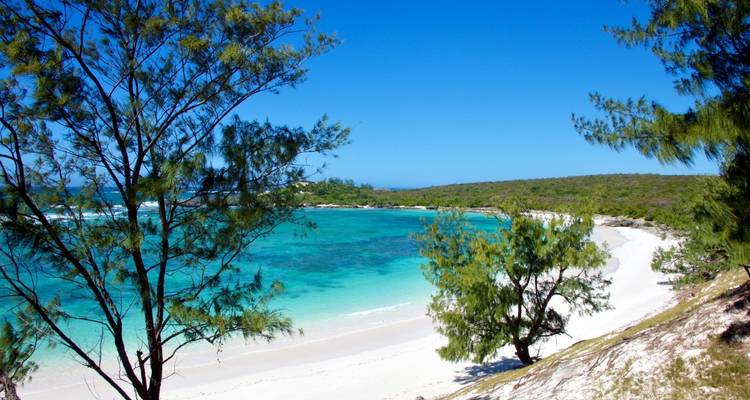 A beautiful white sandy beach with turquoise water and lush greenery.