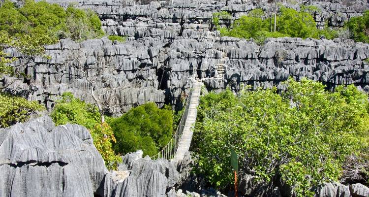 A stunning landscape of rocky formations and a hanging bridge.