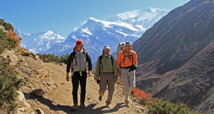 Group of hikers walking on a trail with mountains in the background.