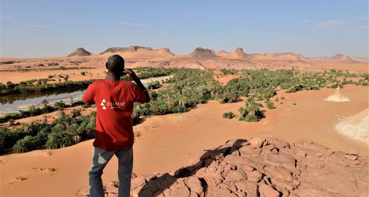 Person overlooking a vast desert landscape with vegetation.