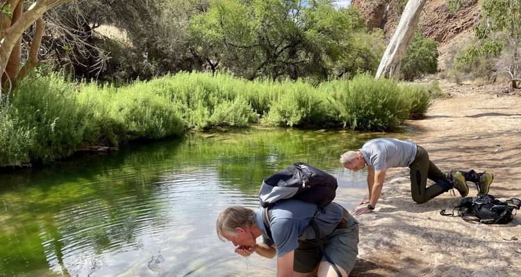 Two people drinking water from a small lake, surrounded by greenery.