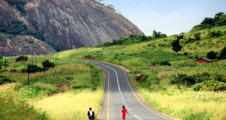 Two people walking along a road amidst a lush green landscape.