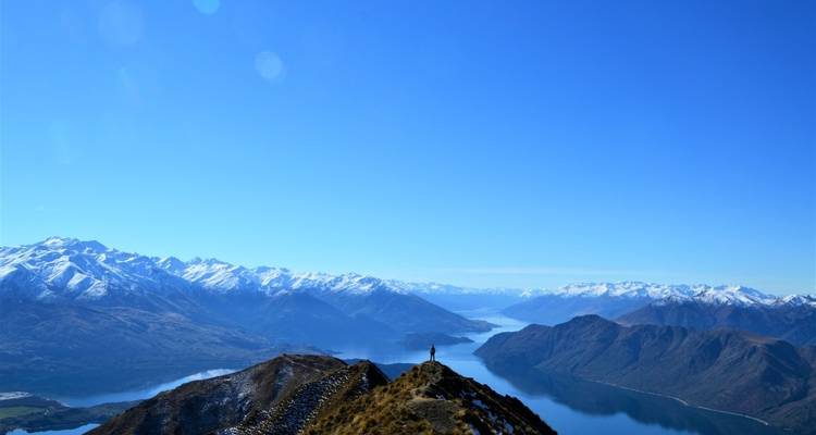 Vue panoramique de montagnes enneigées dominant un lac sous un ciel bleu dégagé.