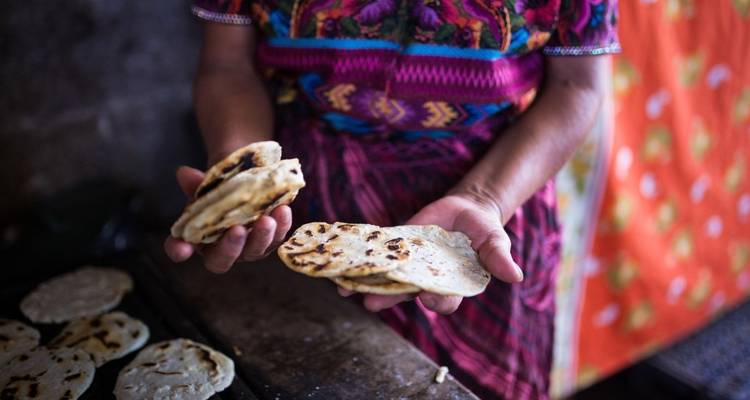 Person, die frisch gemachte Tortillas hält, vor einem traditionellen bunten Hintergrund.