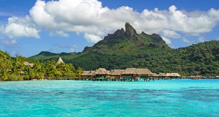 Bungalows sobre el agua con exuberante vegetación de fondo y agua cristalina.