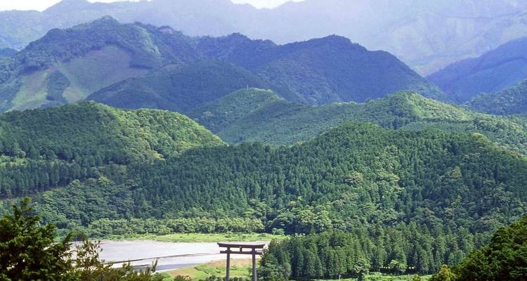 Malerische Aussicht auf üppig grüne Berge und ein Torii-Tor in der Ferne.