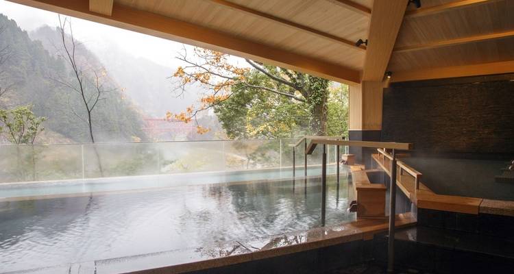 Heiße Quelle (Onsen) im Freien mit umgebender Natur.
