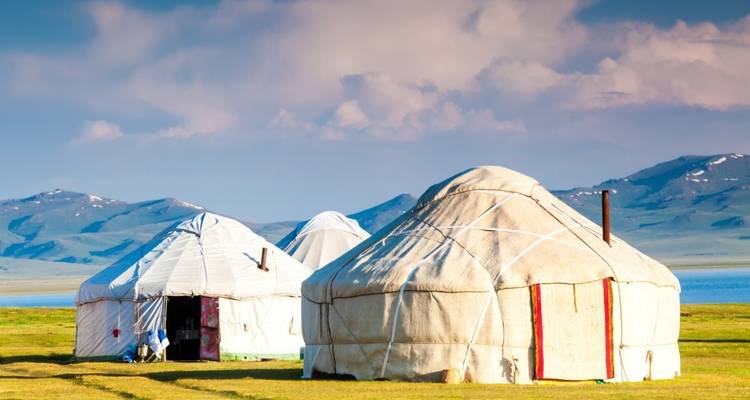 Traditional yurt tents in a grassy landscape with mountains.