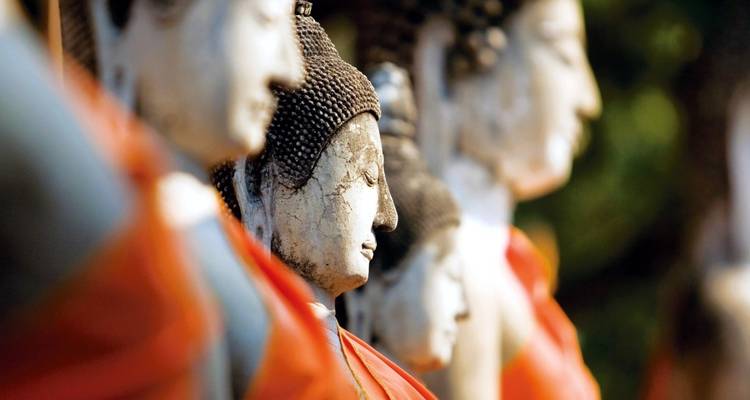 Close-up of multiple stone Buddha statues with orange robes.