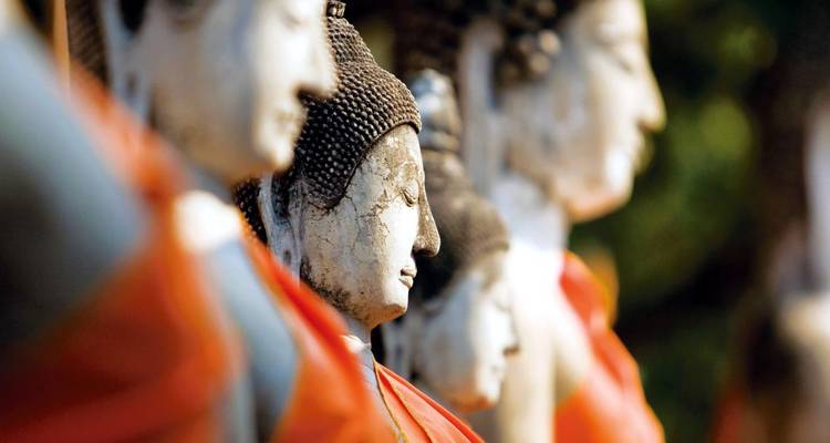 Row of stone Buddha statues with vibrant orange robes.
