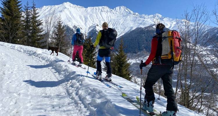 Grupo de personas esquiando en montañas nevadas.